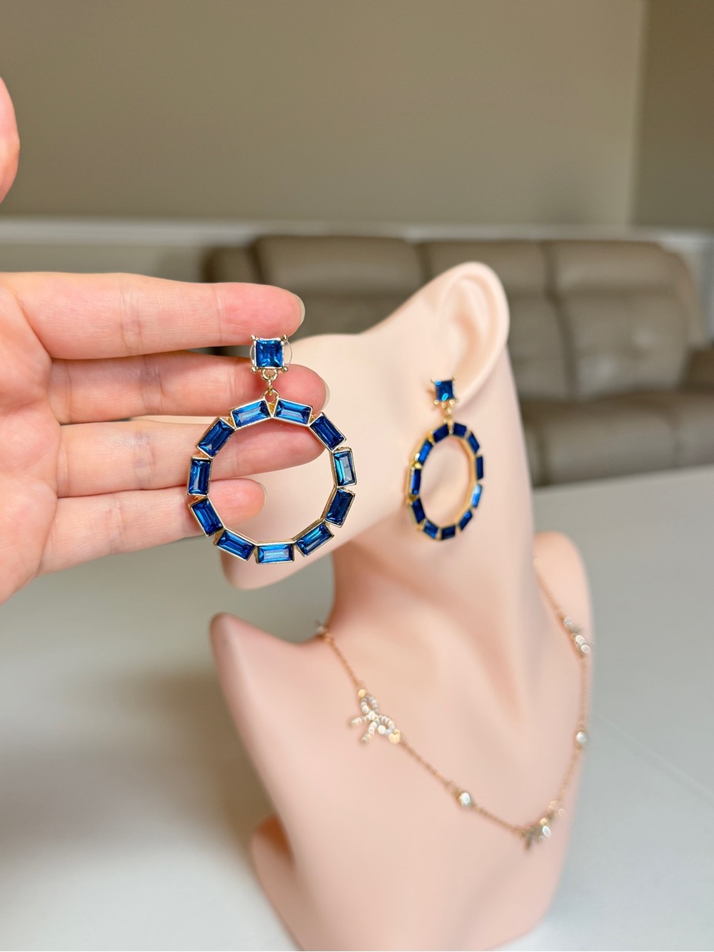 Gold-Tone Hoop Earrings with Blue Gemstones - Picture 6 of 13